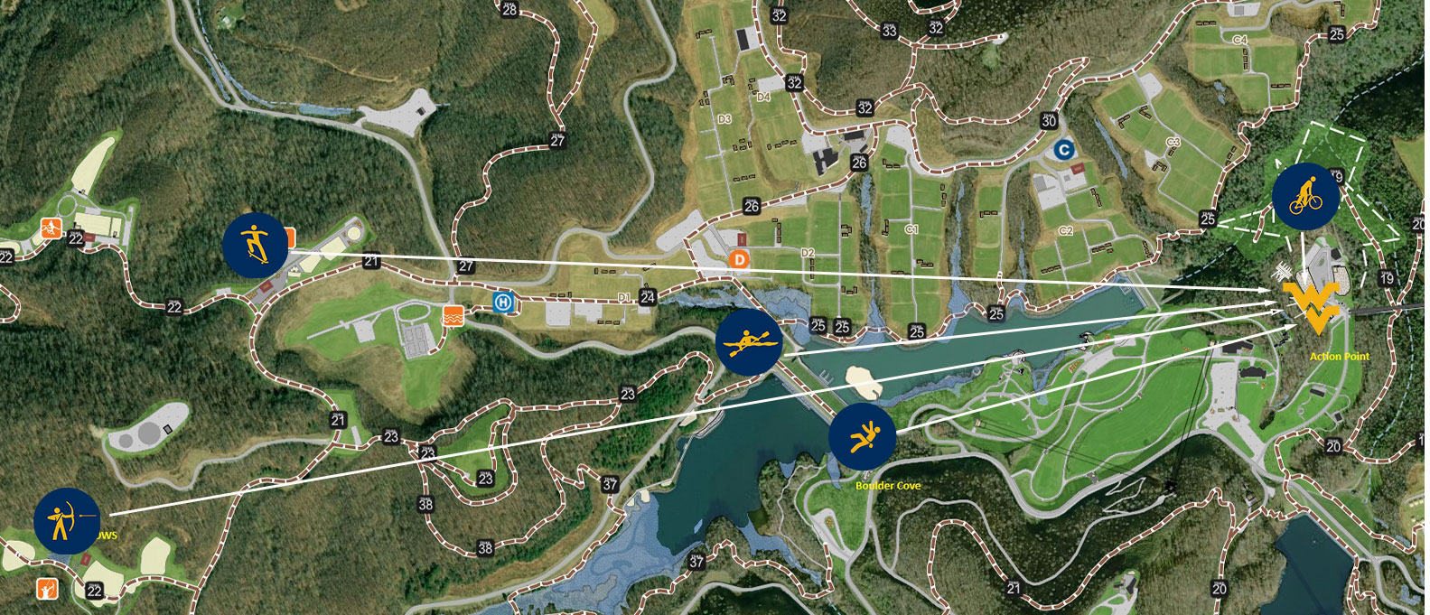 Map of the Science Behind the Sport activity locations at the 2026 National Jamboree in West Virginia, showing event areas and pathways across the Summit Bechtel Reserve.