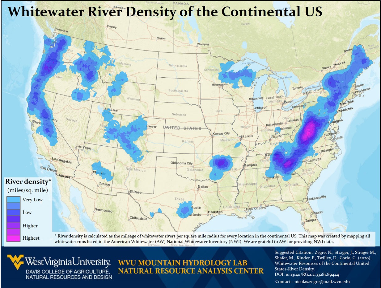 Heat map of whitewater river density across the continental United States, highlighting West Virginia and the central Appalachian region as having the highest concentration of whitewater rivers in the country.